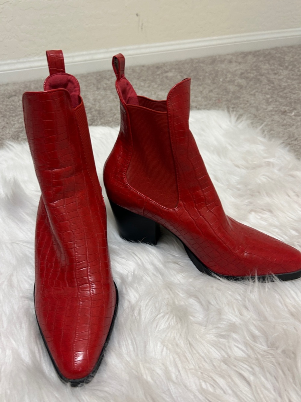 JustFab Red Croc-Embossed Pointed Toe Ankle Boots